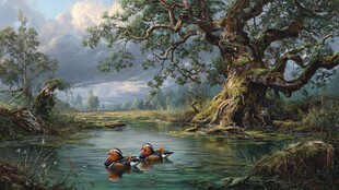 河畔野鸭与古老大树之景