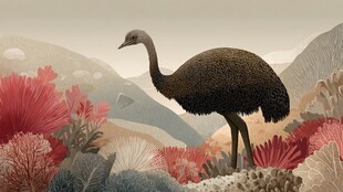 荒野中的鸵鸟与多彩植物