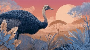 夕阳下草原上的高大鸵鸟