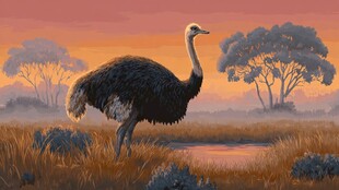 夕阳下草原上的单只鸵鸟