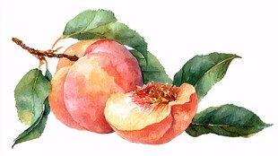 水彩绘鲜桃与绿叶