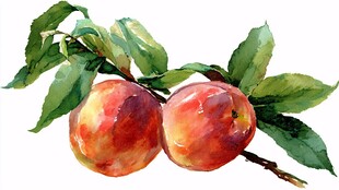 水彩绘双桃枝叶图