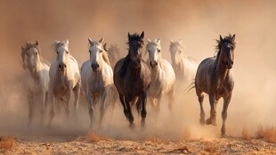 群马奔腾扬起沙尘之景