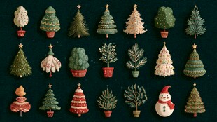 多样圣诞小树与可爱雪人