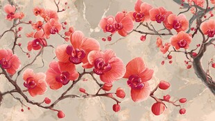 娇艳红兰花枝绽放图