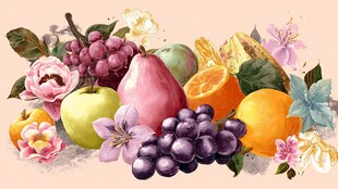 水彩绘多彩水果花卉组合