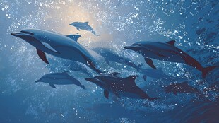 海豚群游于波光粼粼深海