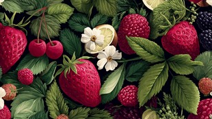 缤纷浆果与绿叶花卉图景