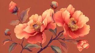 橙红色牡丹花卉艺术画