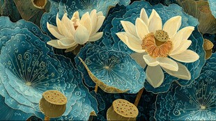 蓝调荷花荷叶艺术插画