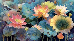 梦幻多彩荷花绽放图