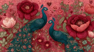 孔雀花卉浪漫插画图案