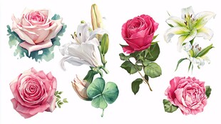 多彩玫瑰与百合花卉插画