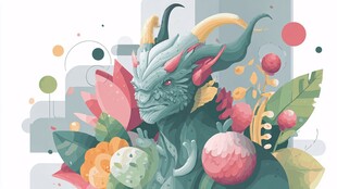 奇幻怪兽置身缤纷植物间