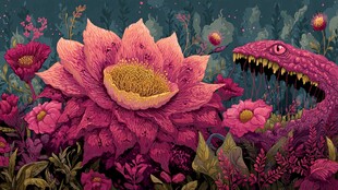 奇幻花卉旁的狰狞怪兽