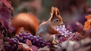 松鼠抱紫晶与葡萄的秋日画面