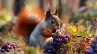 秋日松鼠享用紫葡萄