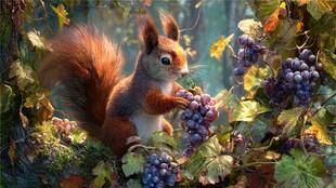 松鼠在葡萄藤间享受美味