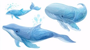 三只蓝色梦幻鲸鱼插画