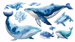 水彩风海洋鲸鱼插画元素