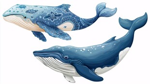 两只梦幻蓝鲸鱼插画
