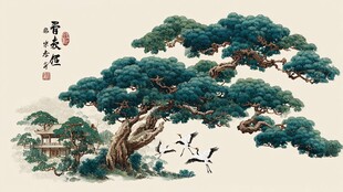 迎客松国画 鹤舞山林间