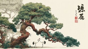 松鹤图中式山水意境画