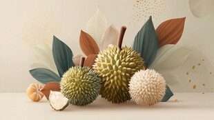 多彩榴莲与叶片静物展示