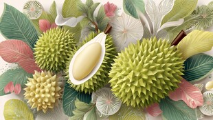 缤纷榴莲与繁茂叶的插画