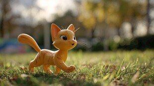 草地上奔跑的可爱小猫玩偶