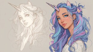 独角兽少女插画 素描与彩图