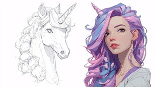 梦幻独角兽与紫发少女插画