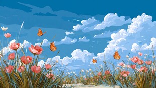 蓝天花海间的蝴蝶飞舞