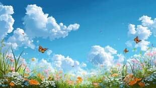 蓝天白云下的缤纷花海