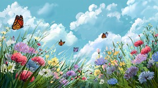 春日花海蝴蝶飞舞美景