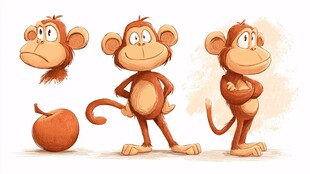 三只萌猴与苹果的趣味形象