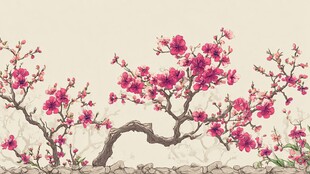 中式手绘盛开的艳丽花枝