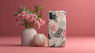 粉色背景下的手机壳与花卉