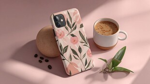 粉色花卉手机壳与咖啡静物