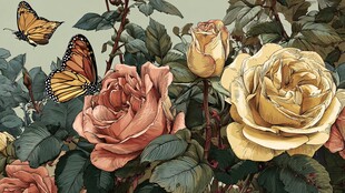 玫瑰丛中双蝶舞