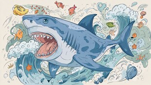 鲨鱼在多彩海洋中畅游