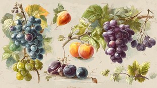 手绘多彩水果与枝叶