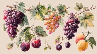 水果插画 葡萄李子与桃子