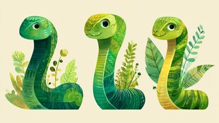 三只可爱的卡通绿植蛇