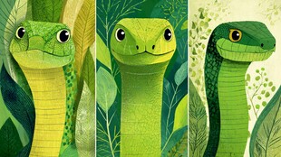 三张萌态绿蛇插画