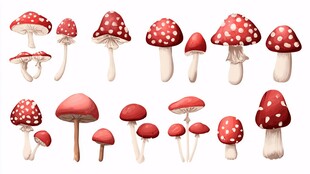 一组手绘红斑点蘑菇插画