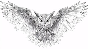 飞翔的猫头鹰黑白艺术画