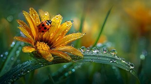 露珠黄花上的瓢虫