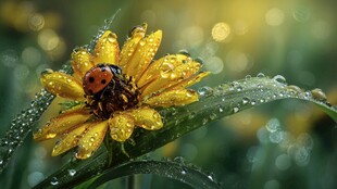 露珠点缀下的瓢虫与黄花