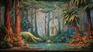 恐龙漫步于史前森林湖畔